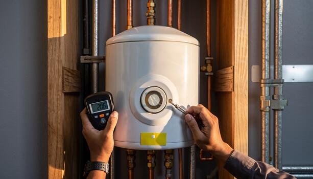 plumber adjusts water heater temperature with digital thermometer home maintenance and repair concept photo (1)
