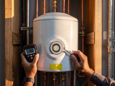 plumber adjusts water heater temperature with digital thermometer home maintenance and repair concept photo (1)